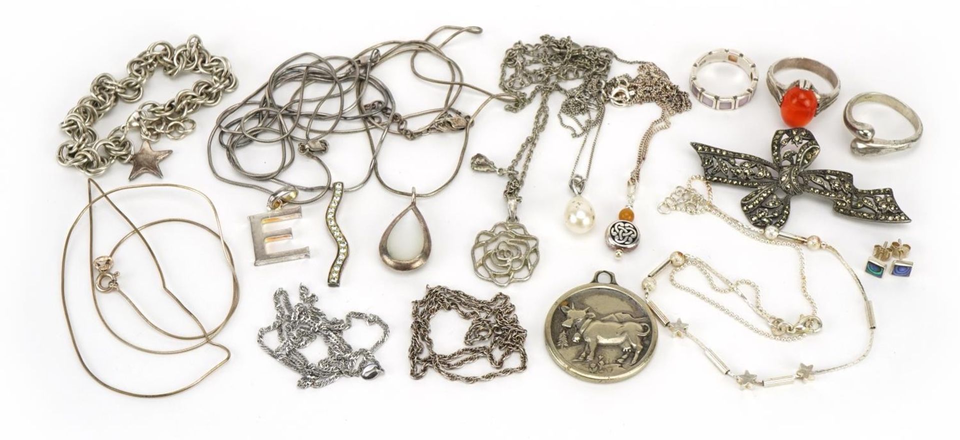 Silver and white metal jewellery including pendants on necklaces, Links of London initial E