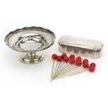 Silver objects comprising rectangular box with hinged lid, circular pedestal dish and set of