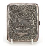 Unmarked Chinese rectangular silver cigarette case embossed with figures in rowing boats and