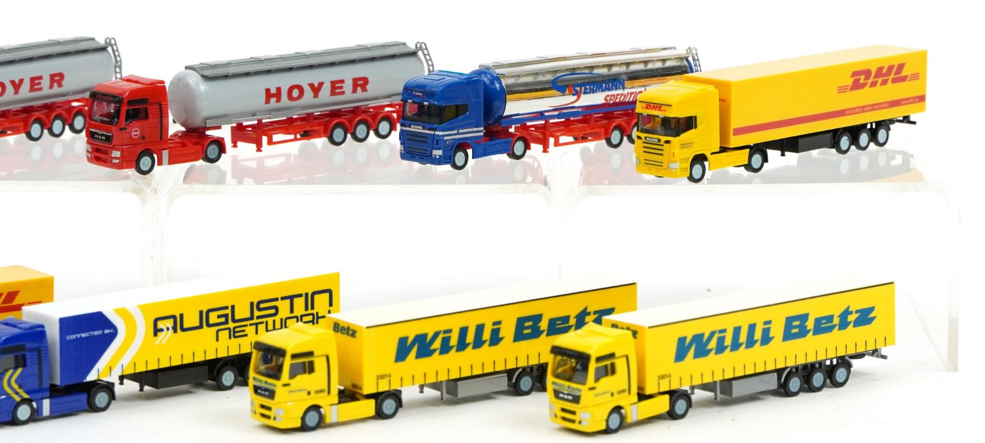 Eight Herpa N gauge model railway transport container lorries and tankers, housed in a protective - Image 3 of 3