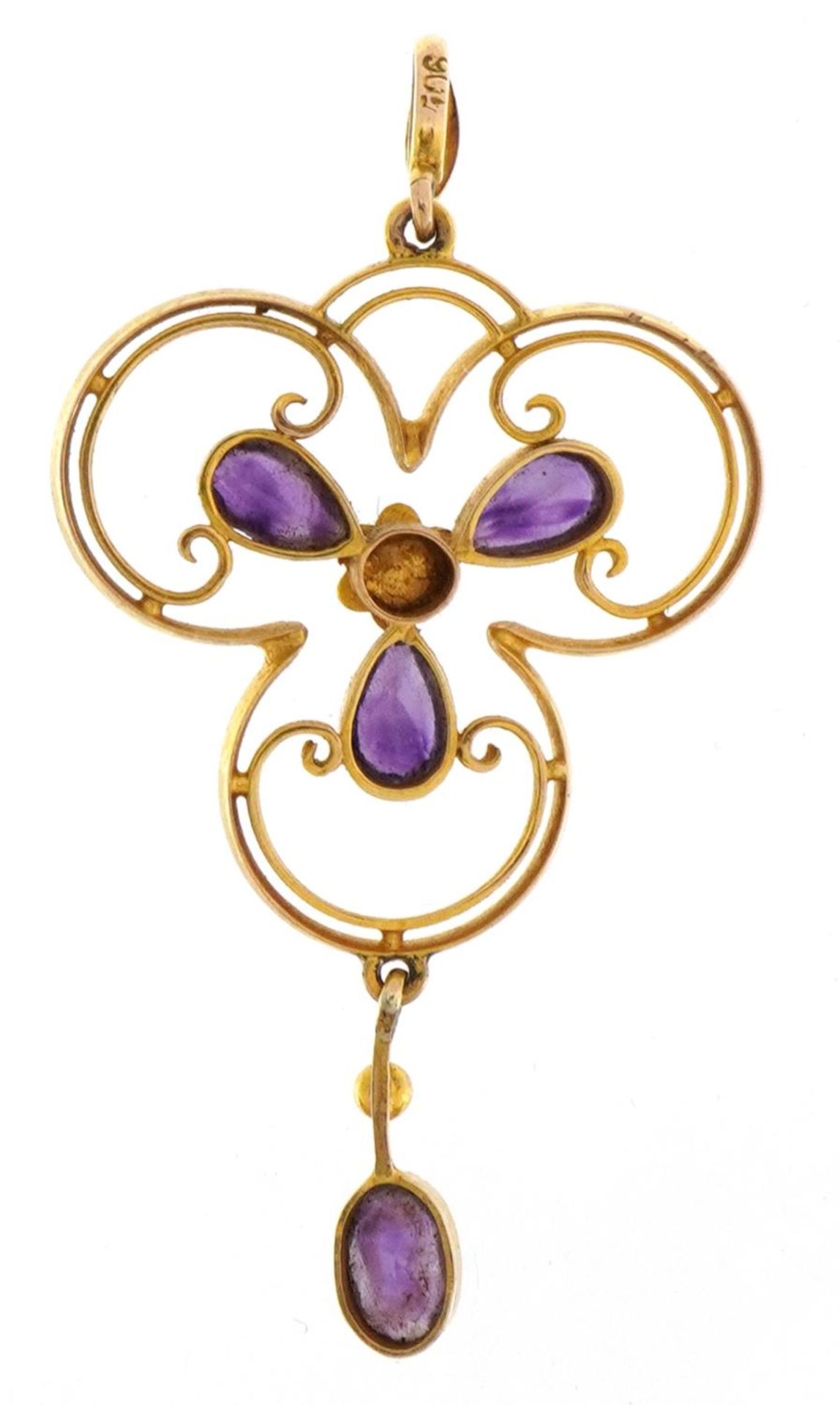 Edwardian 9ct gold amethyst and seed pearl drop pendant, 4.8cm high, 2.8g - Bild 2 aus 3