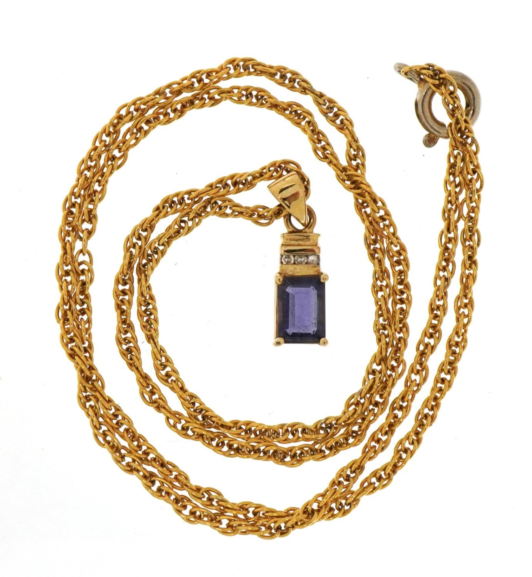 9ct gold purple stone and diamond pendant on a yellow metal necklace, 1.9cm high and 46cm in length, - Bild 2 aus 4