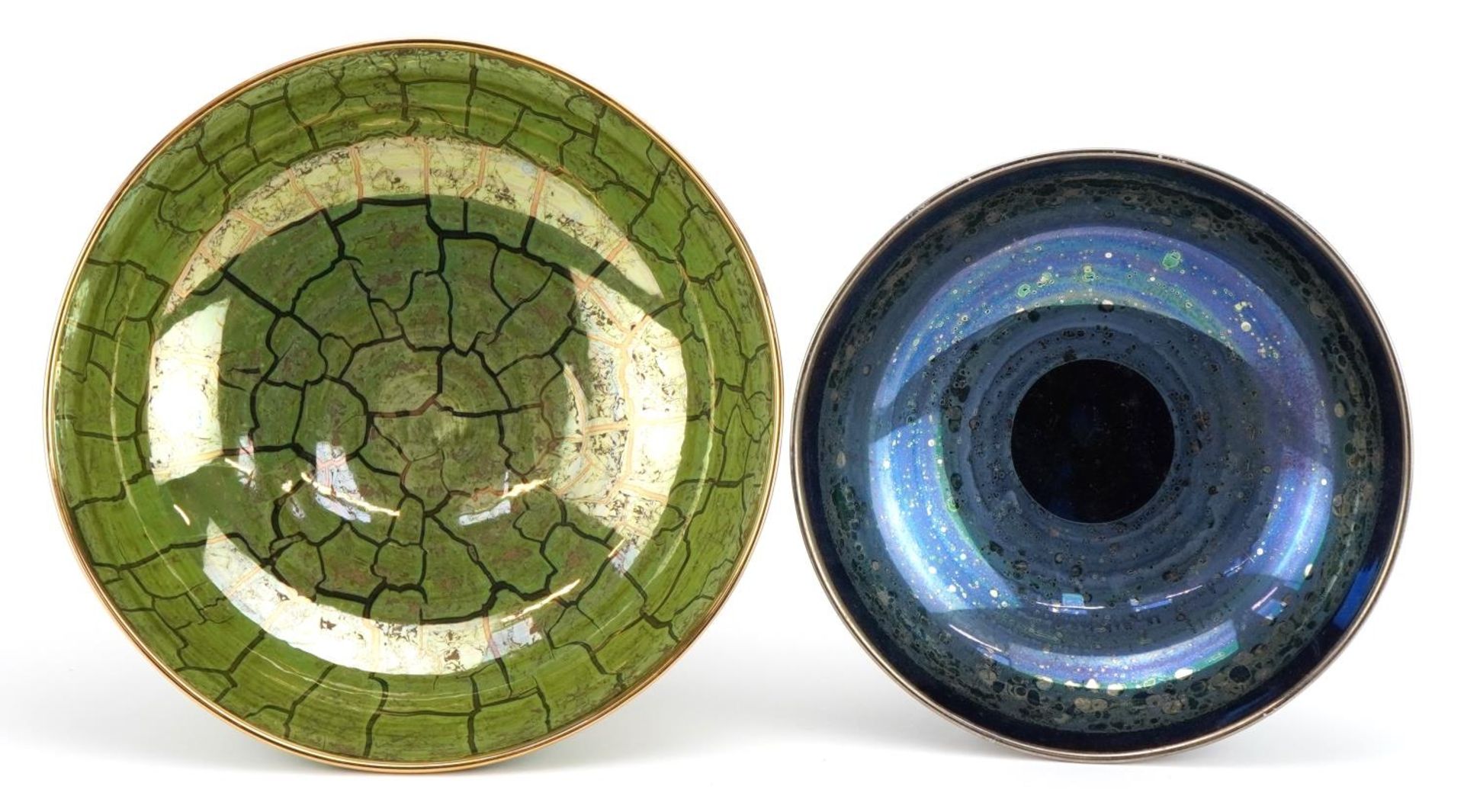 Atkinson Jones, two contemporary lustreware footed bowls including one having a green crackle glaze, - Image 3 of 5