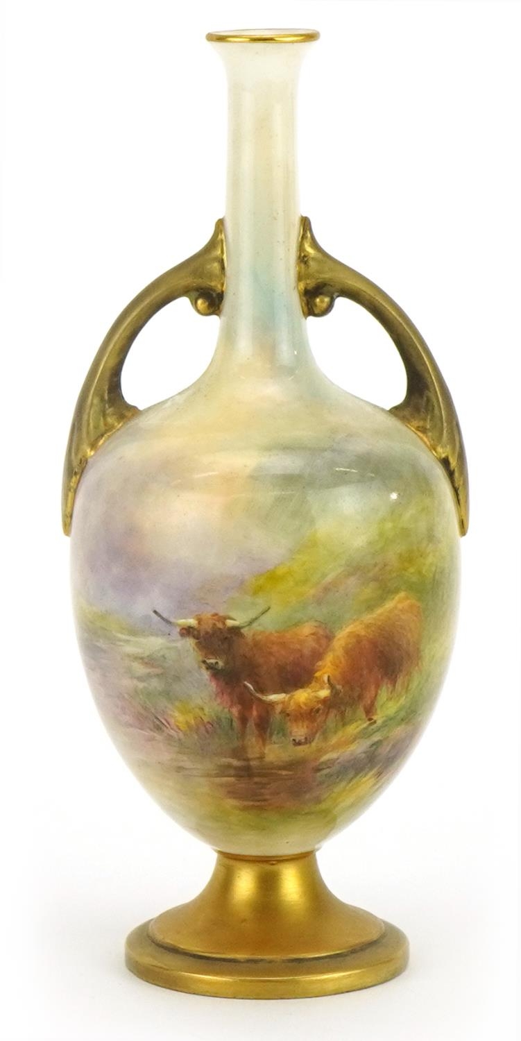 Harry Stinton for Royal Worcester, porcelain vase with twin handles hand painted with Highland