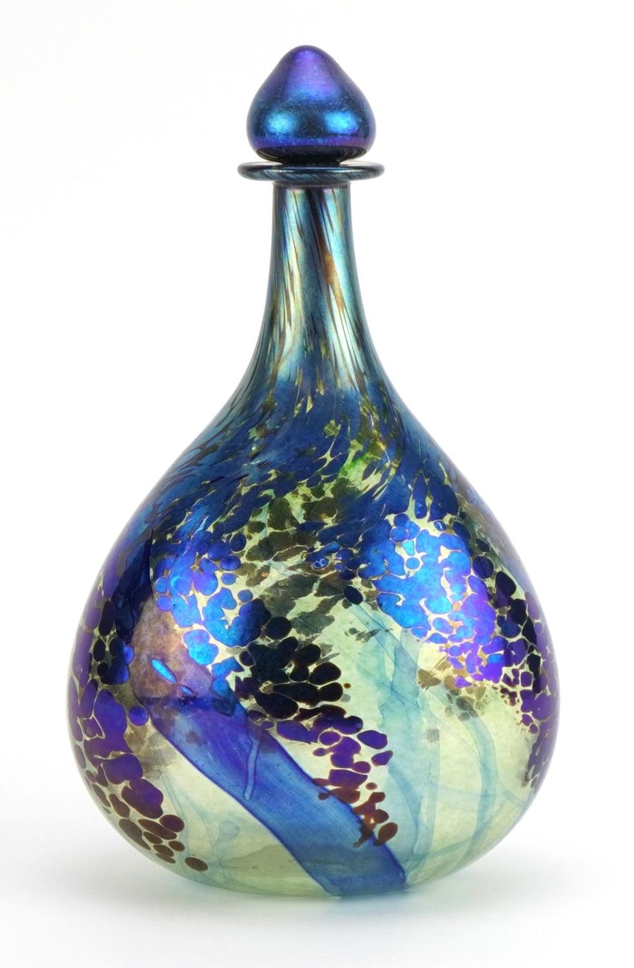 Siddy Langley, large iridescent art glass scent bottle with stopper, etched Siddy Langley 1998