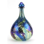 Siddy Langley, large iridescent art glass scent bottle with stopper, etched Siddy Langley 1998