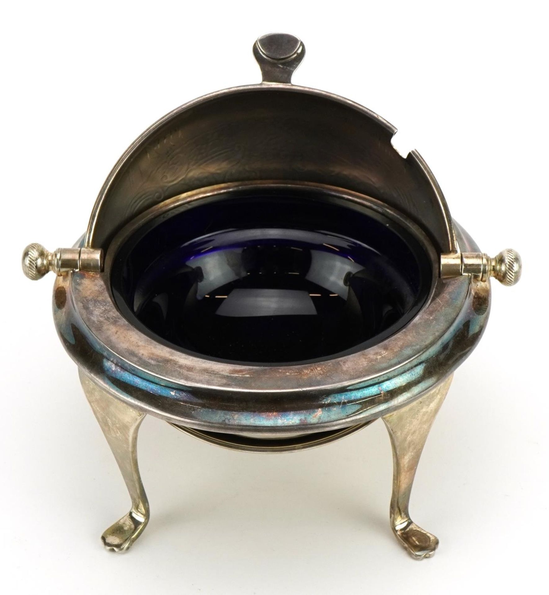 Garrard & Co Ltd, Elizabeth II silver serving dish with roll top and blue glass liner, Birmingham - Image 3 of 7