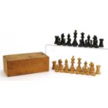 Turned wooden Staunton pattern chess set with box, the largest pieces 6.8cm high