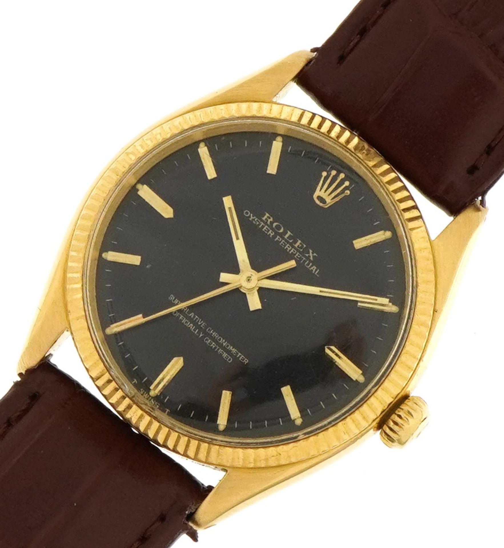 Rolex, gentlemen's gold Rolex Oyster Perpetual wristwatch with black dial, 33mm in diameter, total