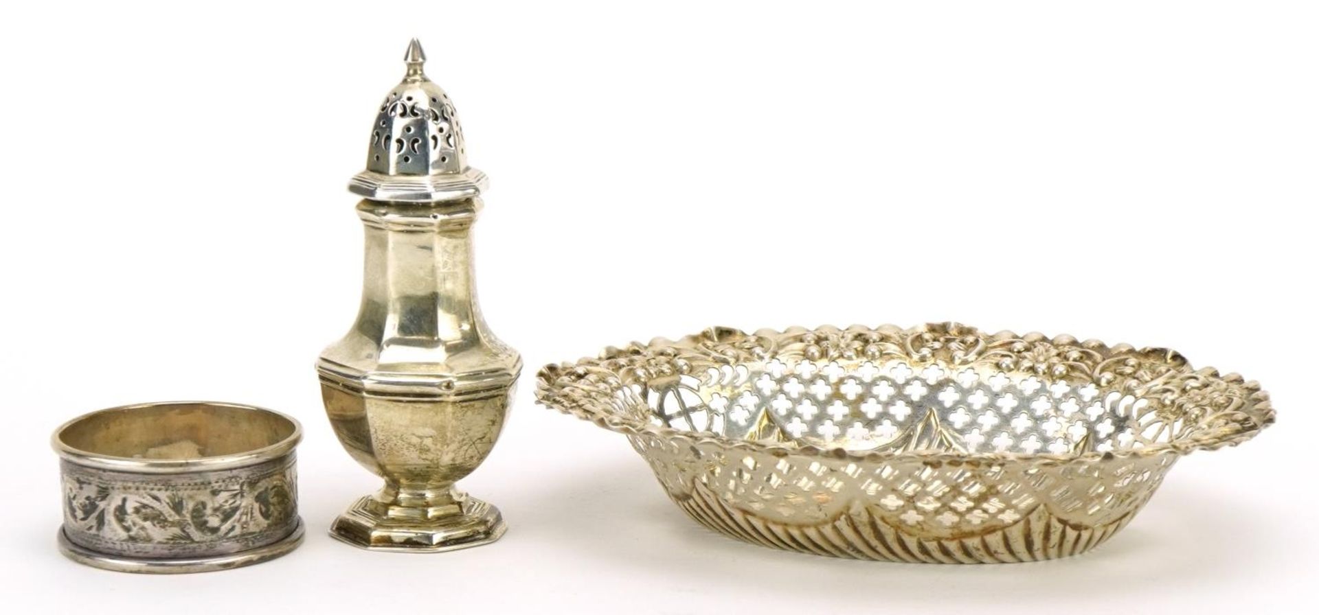 Victorian and later silver objects comprising oval pierced and embossed bonbon dish, octagonal