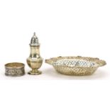 Victorian and later silver objects comprising oval pierced and embossed bonbon dish, octagonal