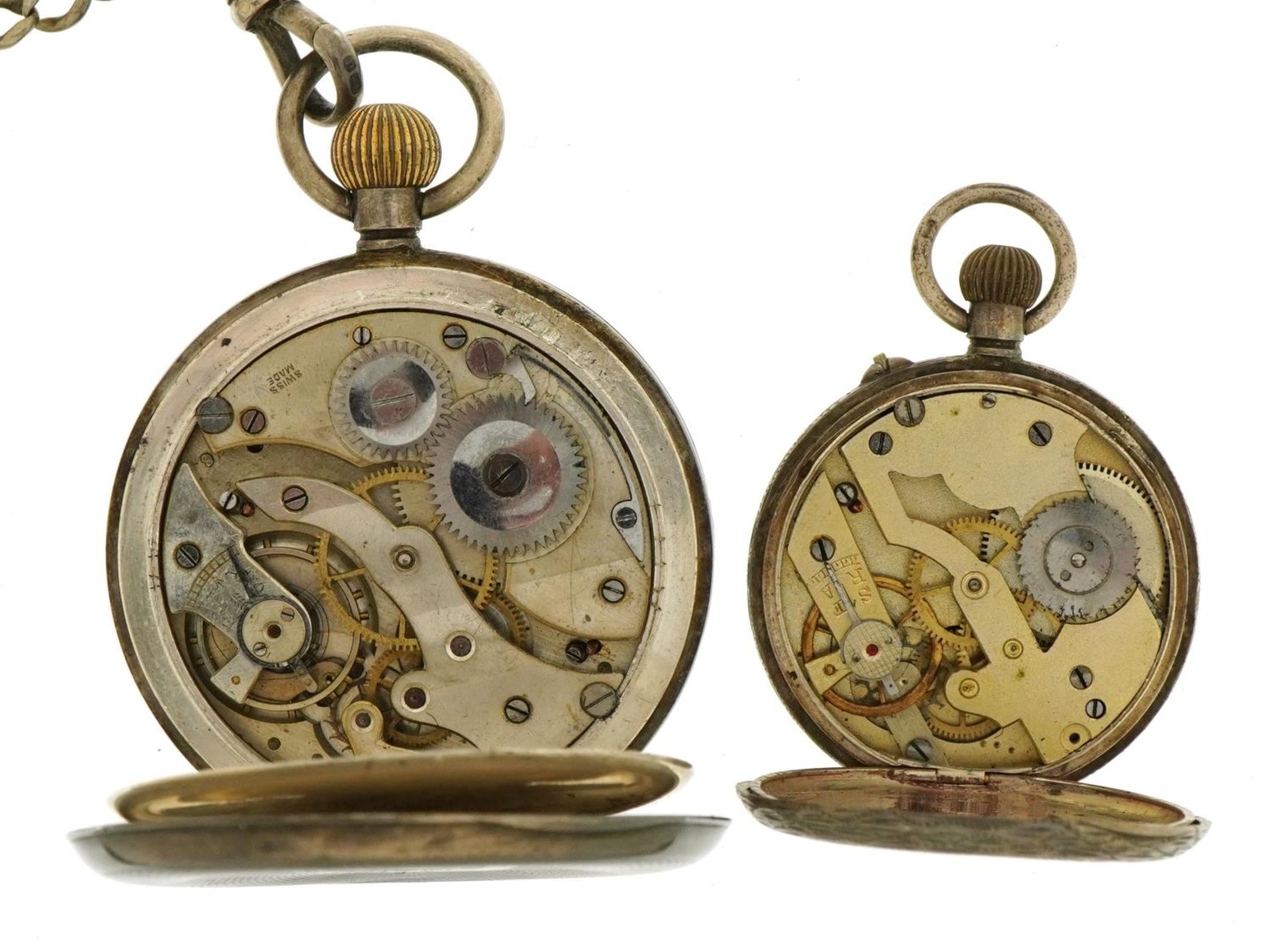 Gentlemen's silver open face pocket watch and watch chain and a ladies pocket watch, both with - Image 4 of 6