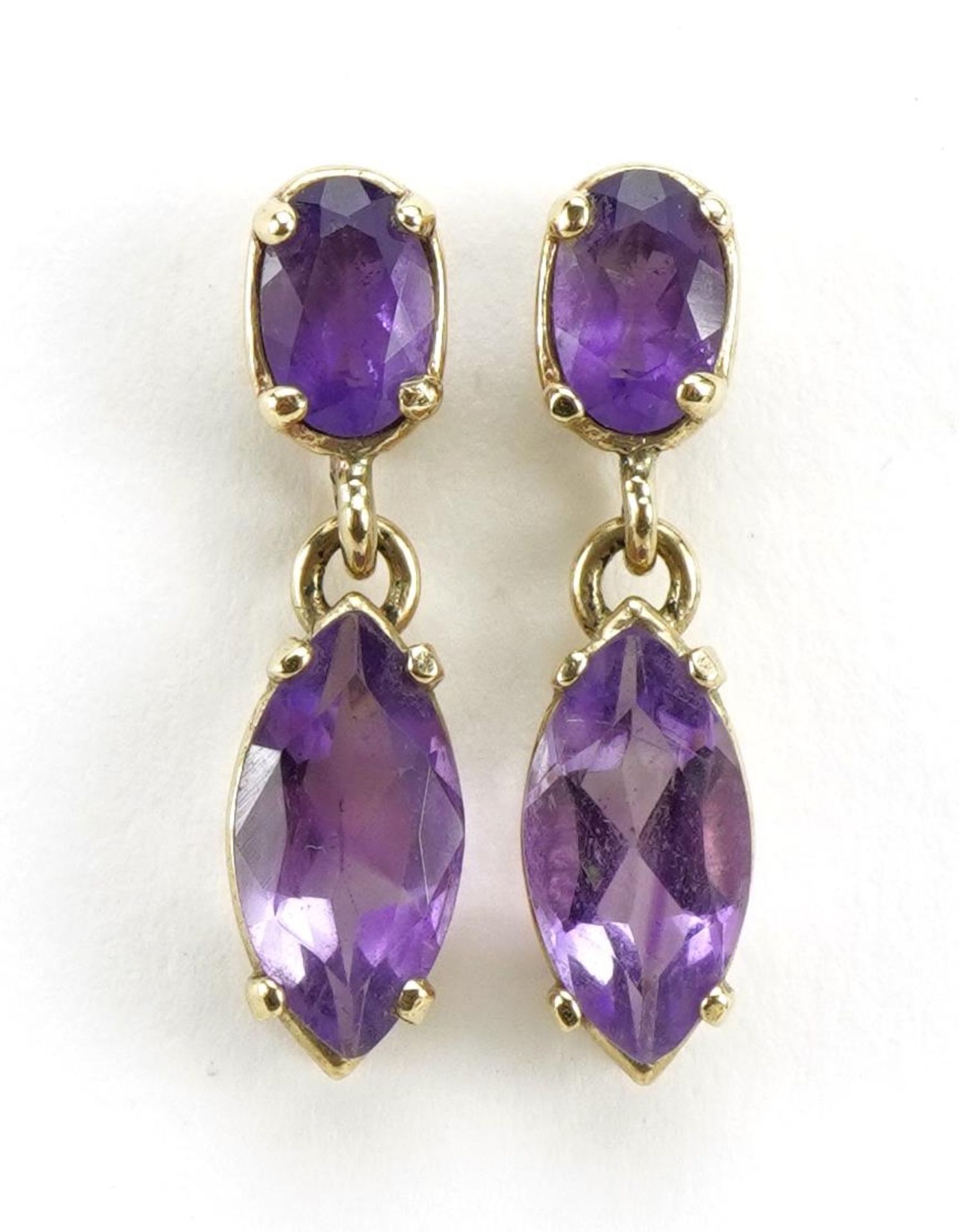 Pair of 9ct gold amethyst drop earrings, 2.1cm high, 2.4g