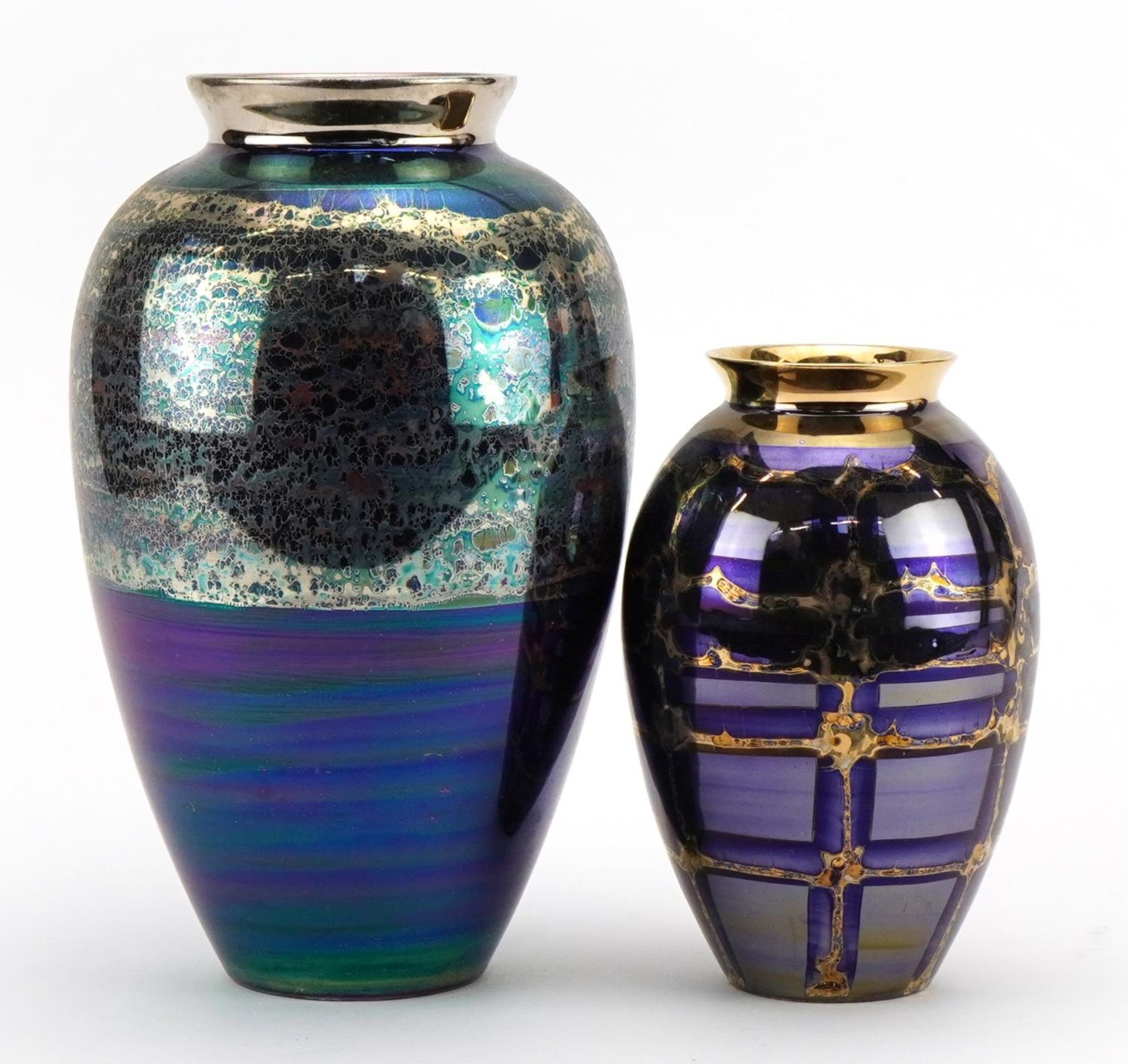 Atkinson Jones, two contemporary lustreware vases having blue glazes, the largest 23.5cm high - Image 2 of 4