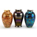 Atkinson Jones, three contemporary lustreware vases including crackle and block design glazes, the