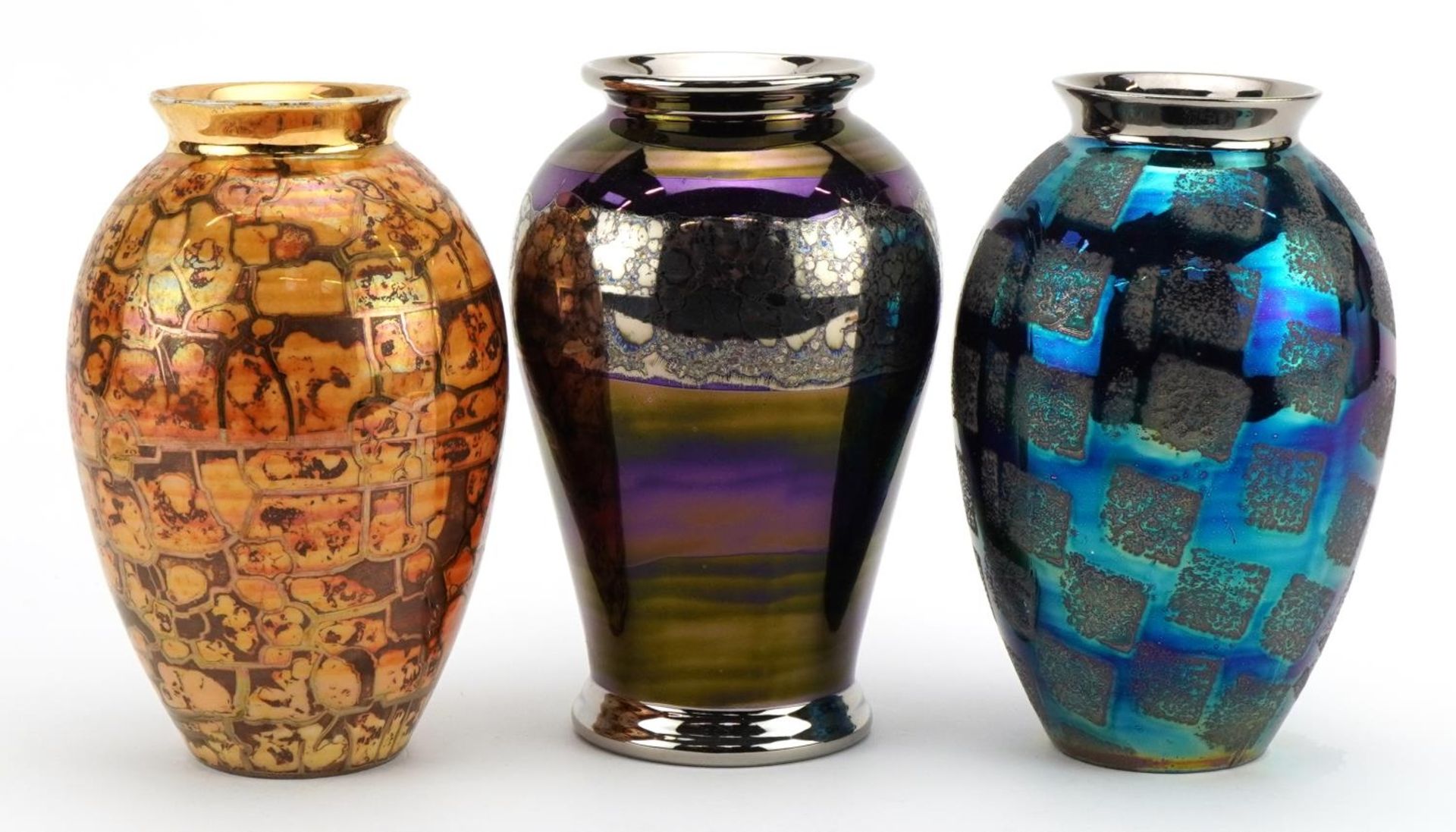 Atkinson Jones, three contemporary lustreware vases including crackle and block design glazes, the