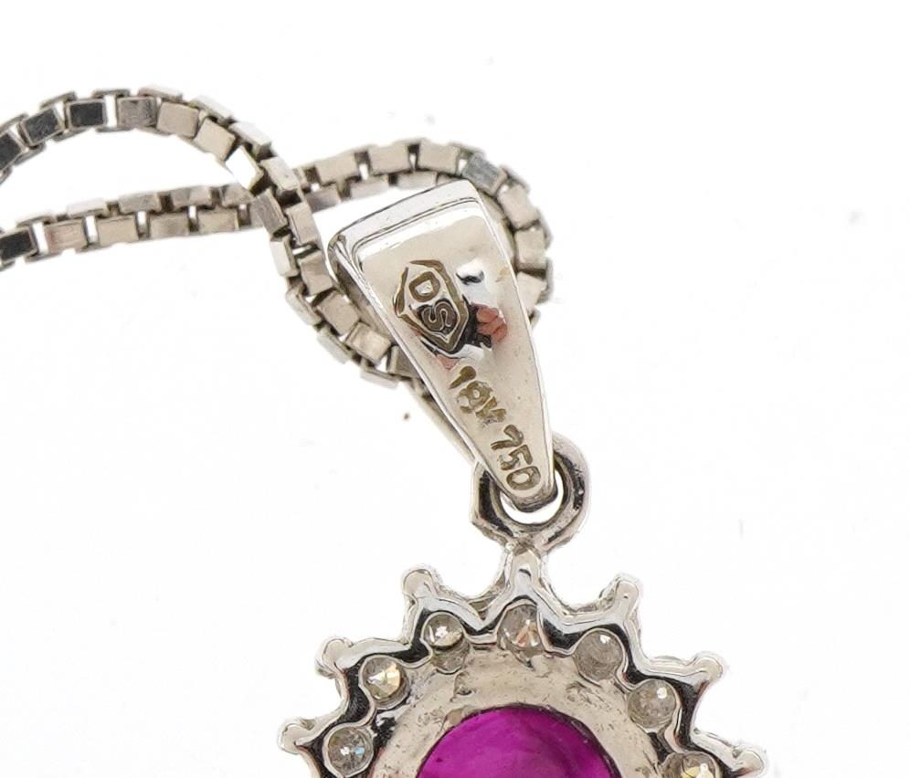 18ct white gold ruby and diamond cluster pendant on an 18ct white gold necklace, 1.6cm high and 45cm - Image 4 of 4