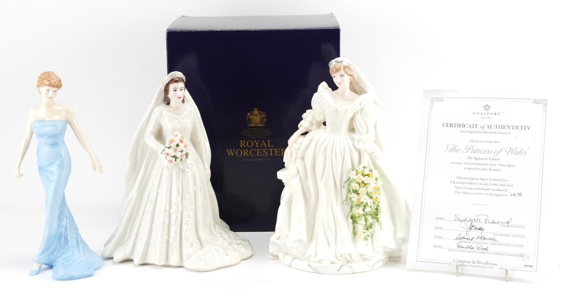 Three collectable porcelain figurines comprising Royal Worcester Her Majesty Queen Elizabeth II