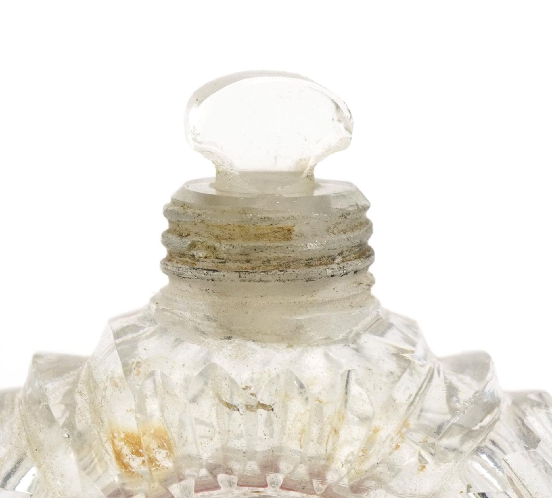 Circular cut glass scent bottle with unmarked silver lid and stopper, 6.5cm high - Image 3 of 4