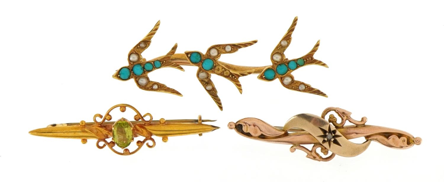 Three antique and later gold brooches including a swallow design example set with turquoise and seed