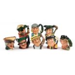 Eight Royal Doulton character jugs comprising Dick Turpin D6528, St George D6618, Smuggler D6616,