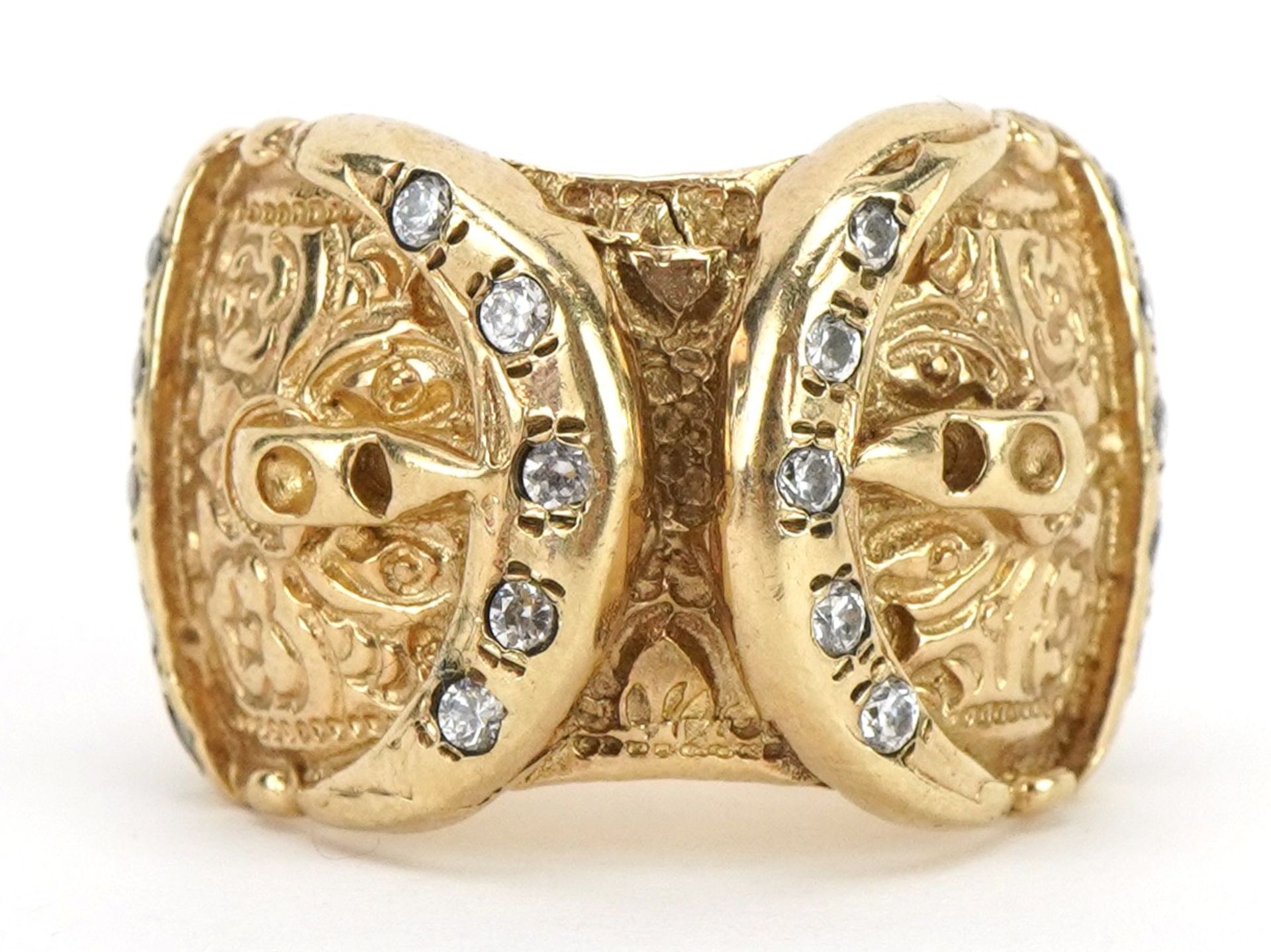 Heavy gentlemen's 9ct gold double buckle ring set with clear stones, size U, 25.0g