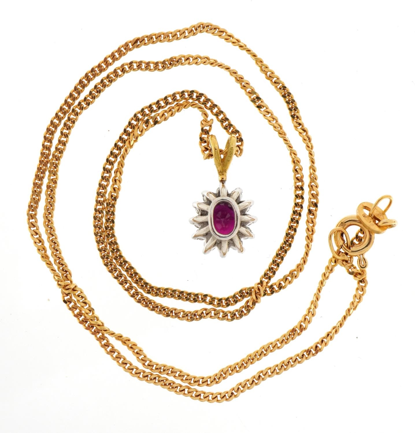 18ct gold ruby and diamond cluster pendant on a 9ct gold curb link necklace, 1.5cm high and 41cm - Image 3 of 4