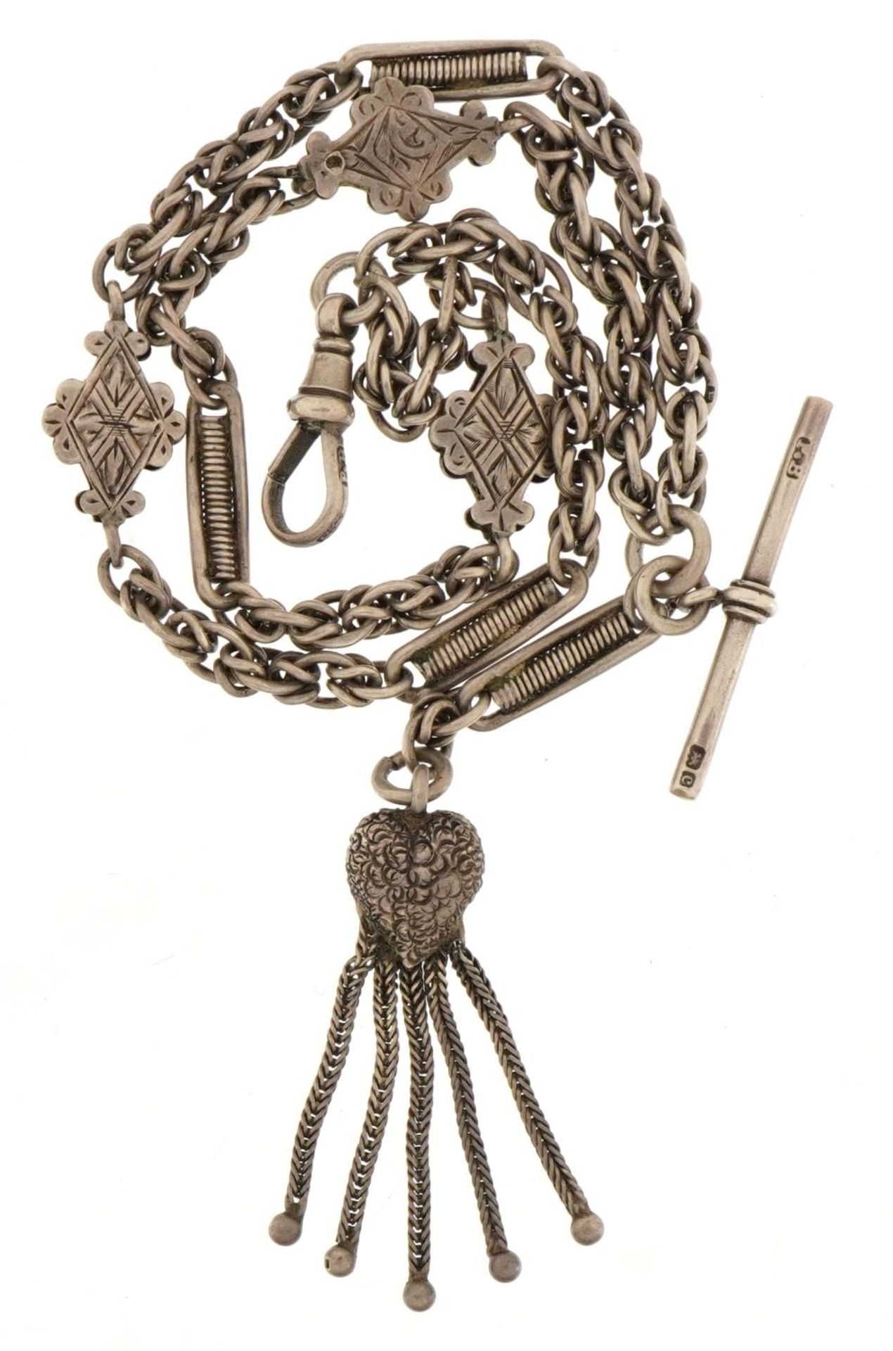 Victorian ladies silver multi link watch chain with T bar and love heart tassel, 24cm in length, - Image 3 of 3