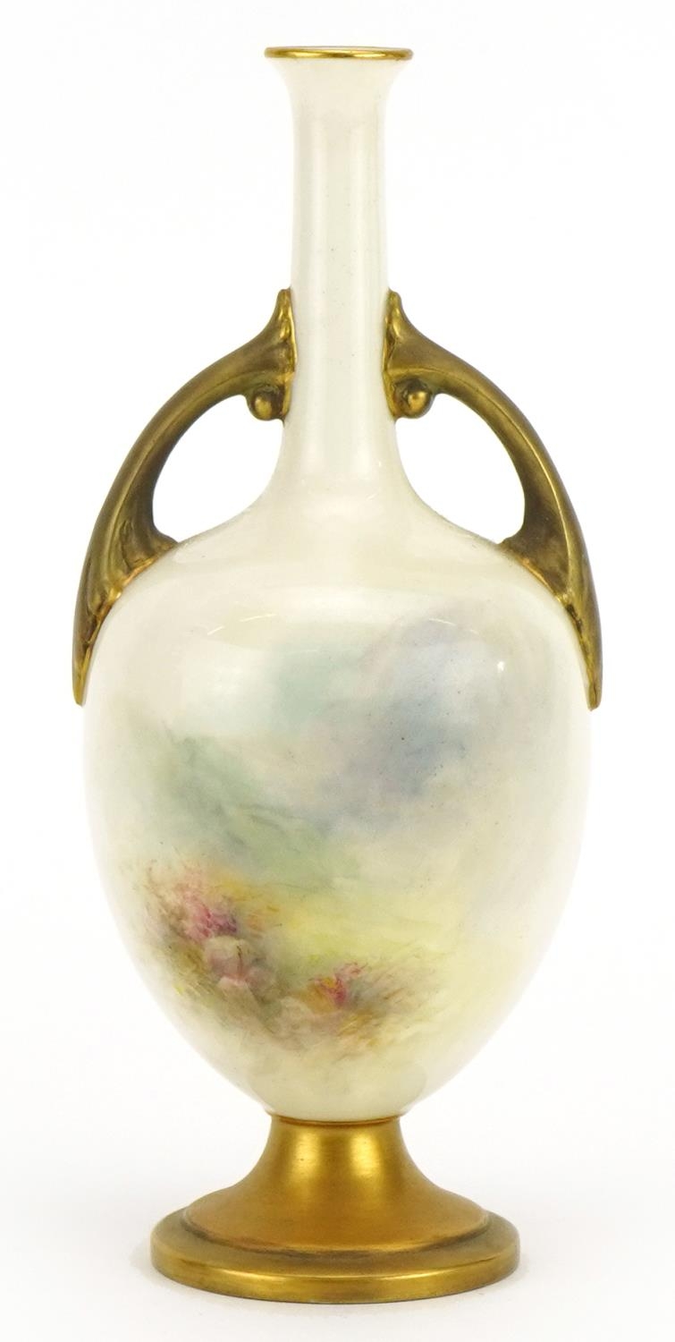 Harry Stinton for Royal Worcester, porcelain vase with twin handles hand painted with Highland - Image 3 of 5