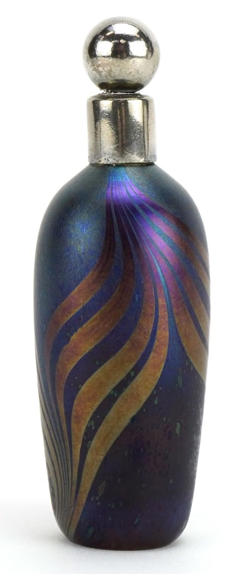 John Ditchfield, Glasform iridescent art glass scent bottle with combed decoration and white metal