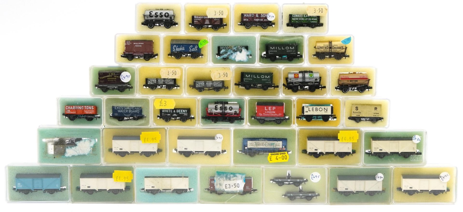 Thirty five Peco N gauge model railway wagons and tankers with cases