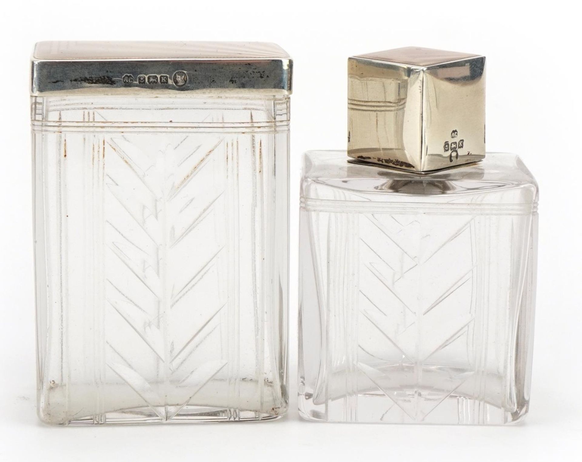 Art Deco glass scent bottle and jar and cover with silver guilloche enamelled lids by Albert