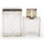 Art Deco glass scent bottle and jar and cover with silver guilloche enamelled lids by Albert