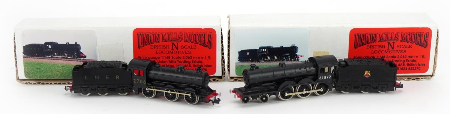 Two Union Mills Models N gauge model railway locomotives and tenders with boxes comprising BR