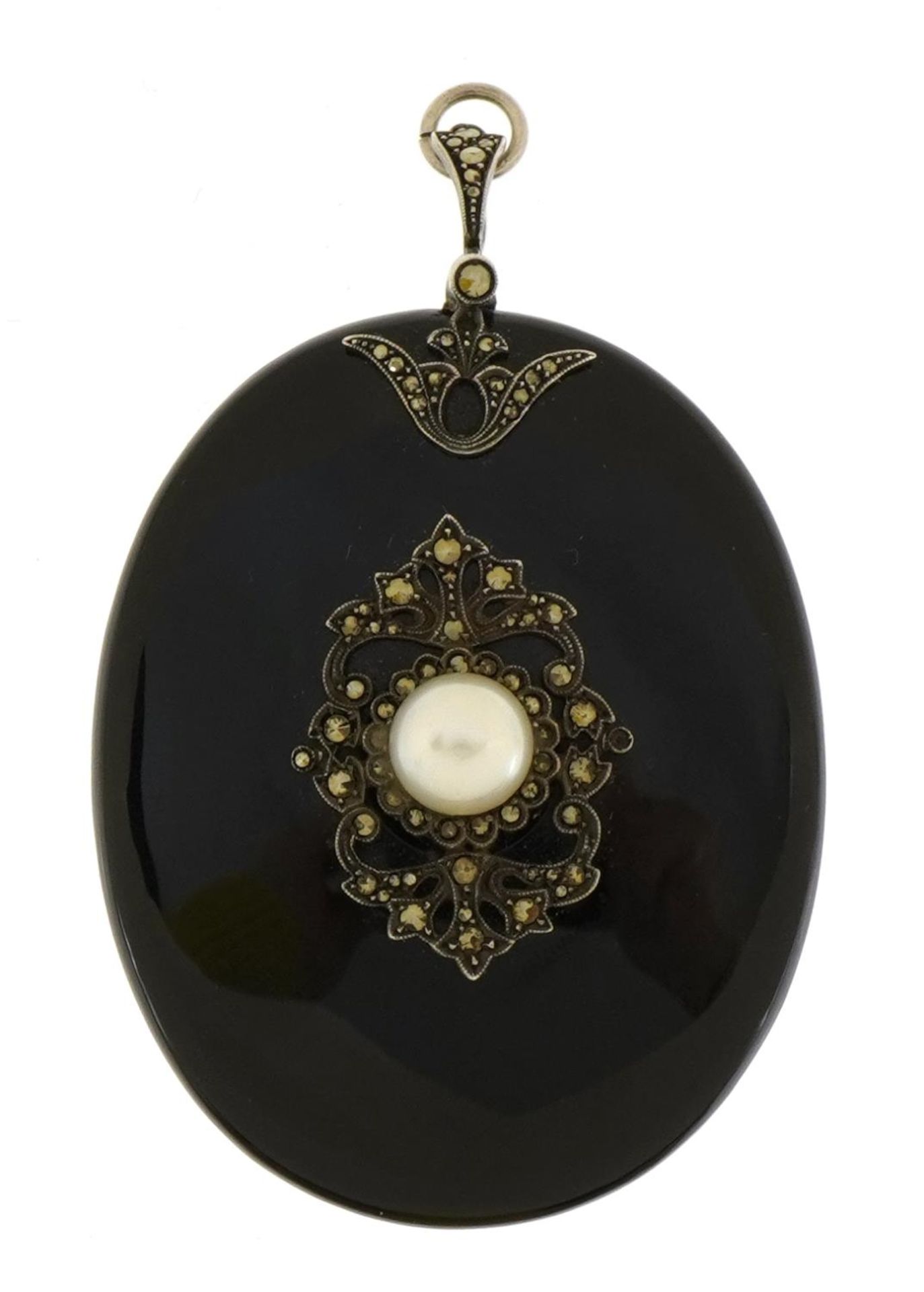 Unmarked silver marcasite mourning locket pendant set with a pearl, 6.5cm high, 33.4g