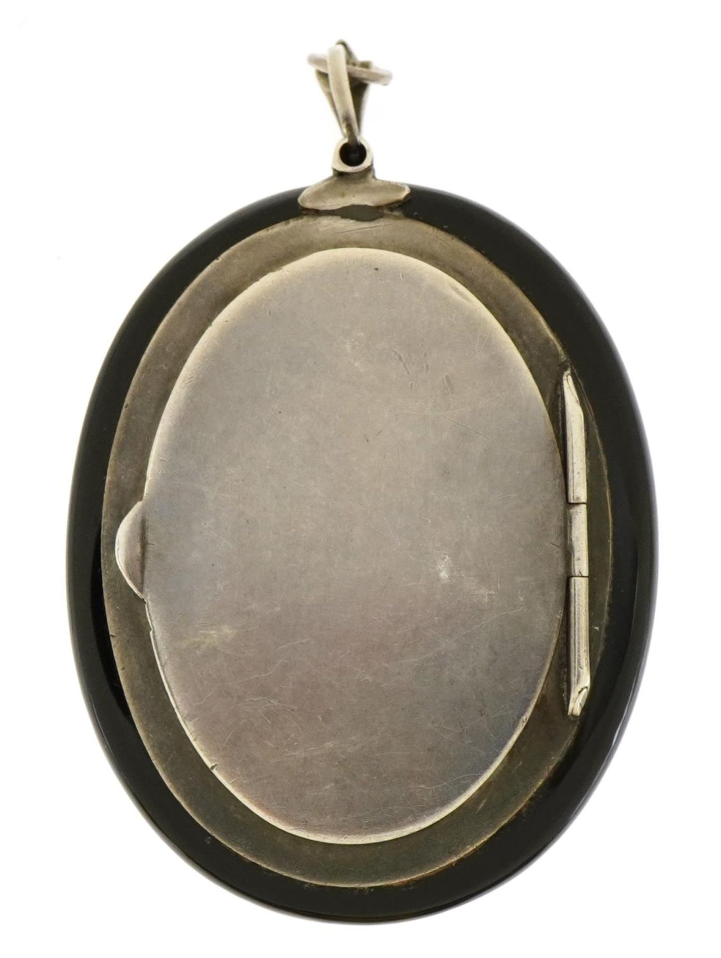 Unmarked silver marcasite mourning locket pendant set with a pearl, 6.5cm high, 33.4g - Bild 2 aus 3