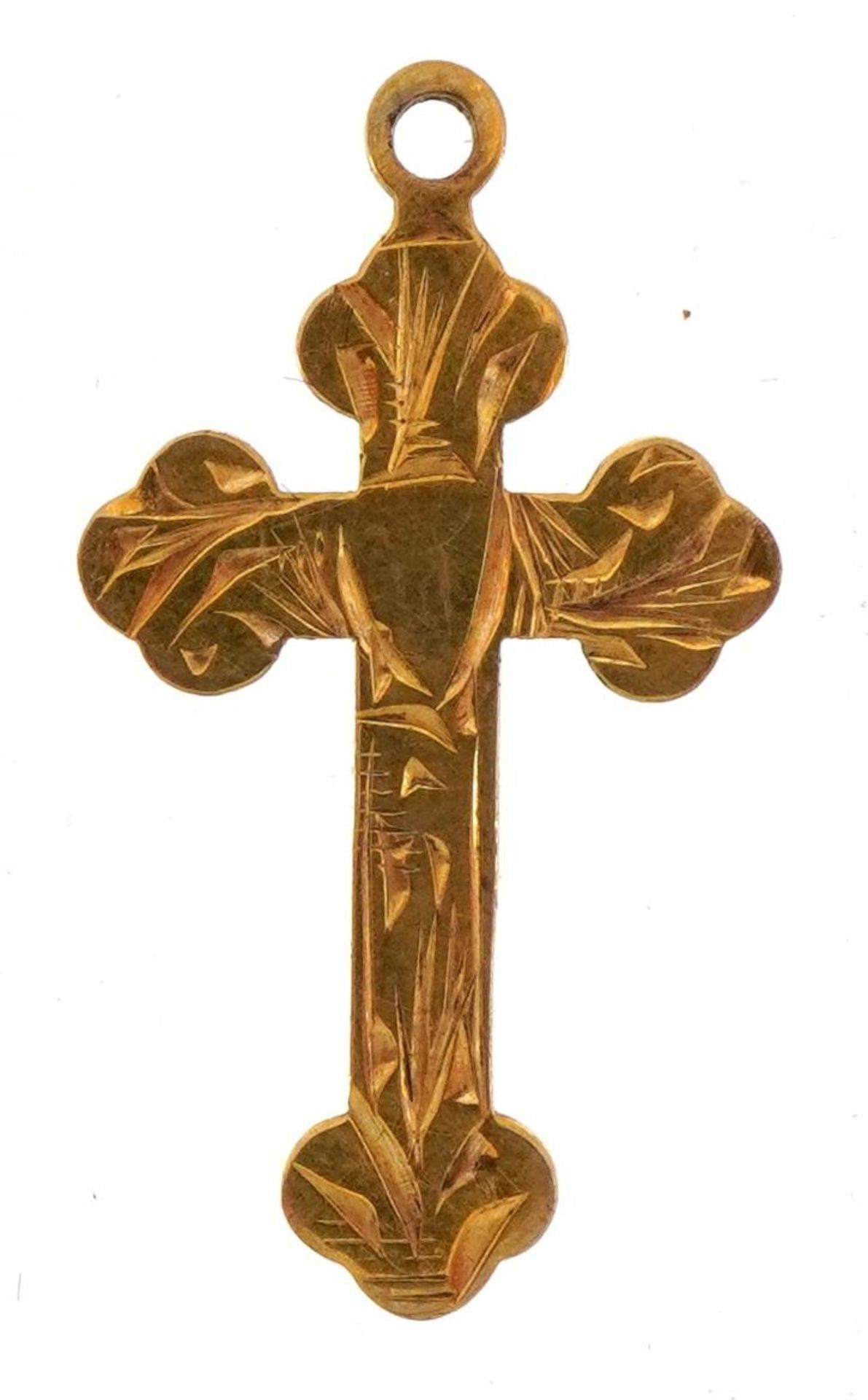 9ct gold cross pendant with engraved decoration, 2.5cm high, 0.7g