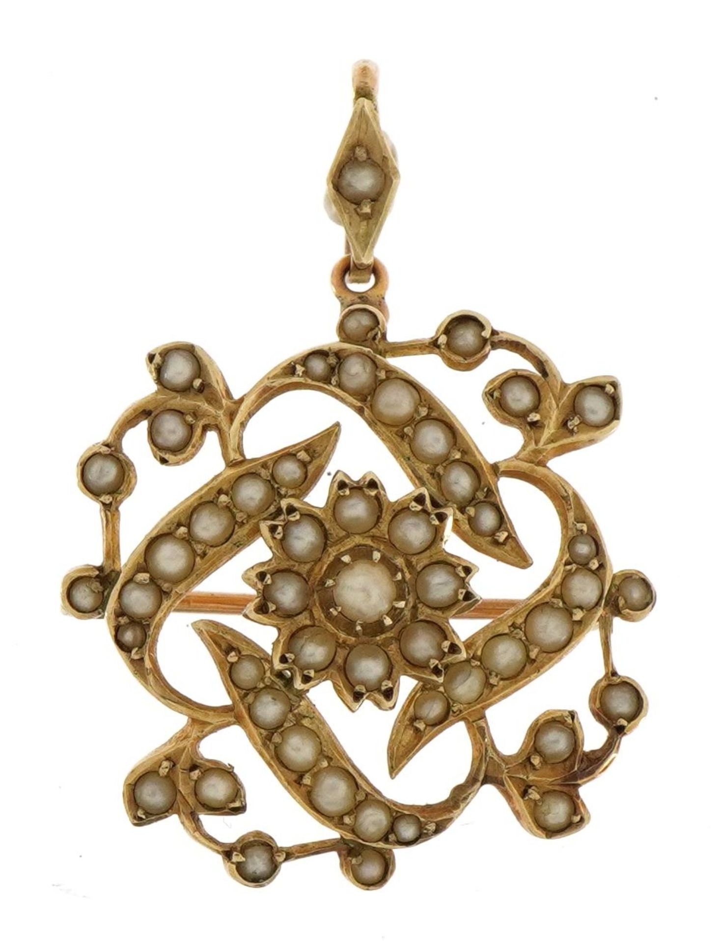 Art Nouveau 9ct gold seed pearl drop pendant brooch, 3.6cm high, 5.4g