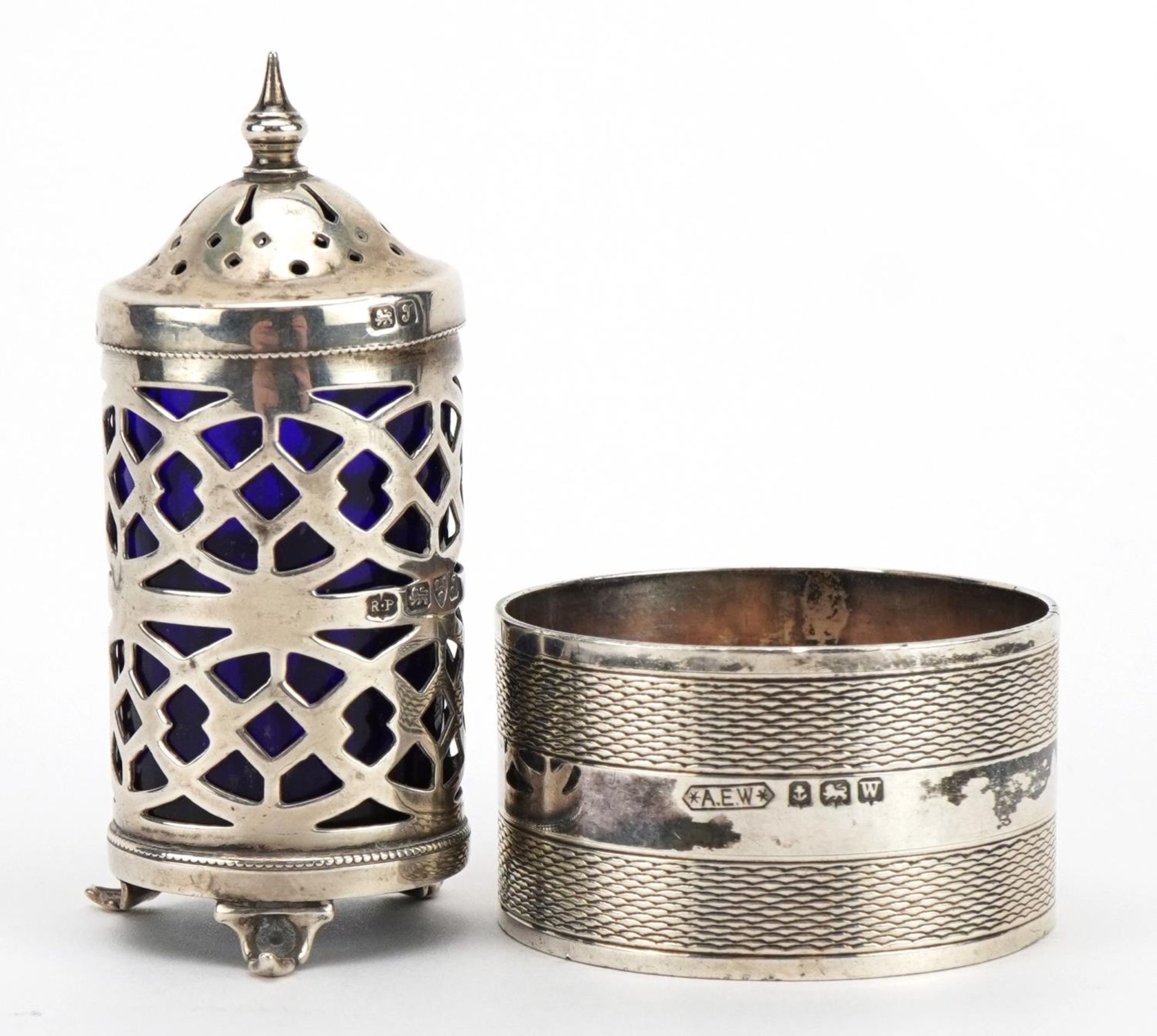 Circular silver napkin ring with engine turned decoration and a silver caster with blue glass liner, - Image 2 of 5