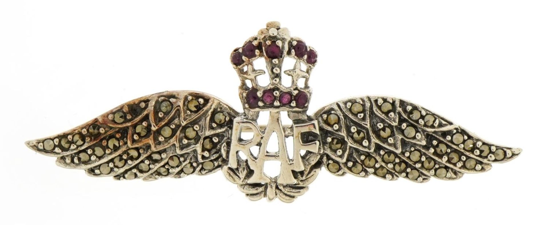 Military interest silver marcasite and ruby RAF sweetheart brooch, 5.5cm wide, 6.7g
