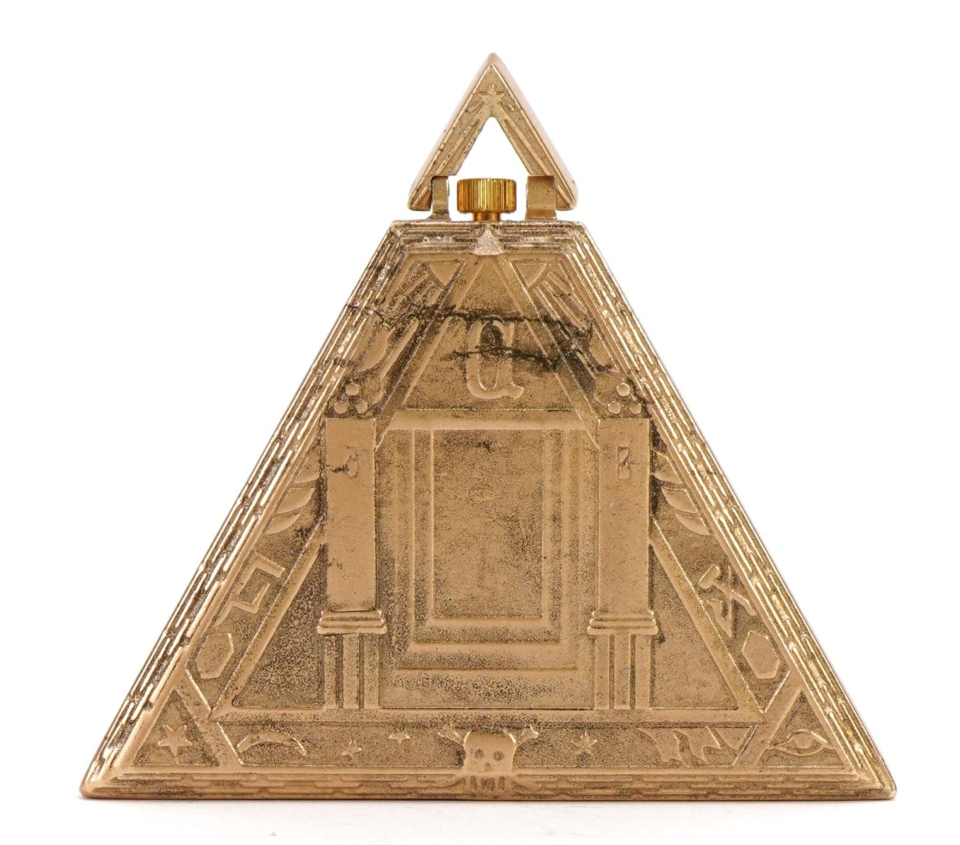 Masonic interest silver gilt triangular pocket watch, 5cm high, 51.3g - Image 2 of 4