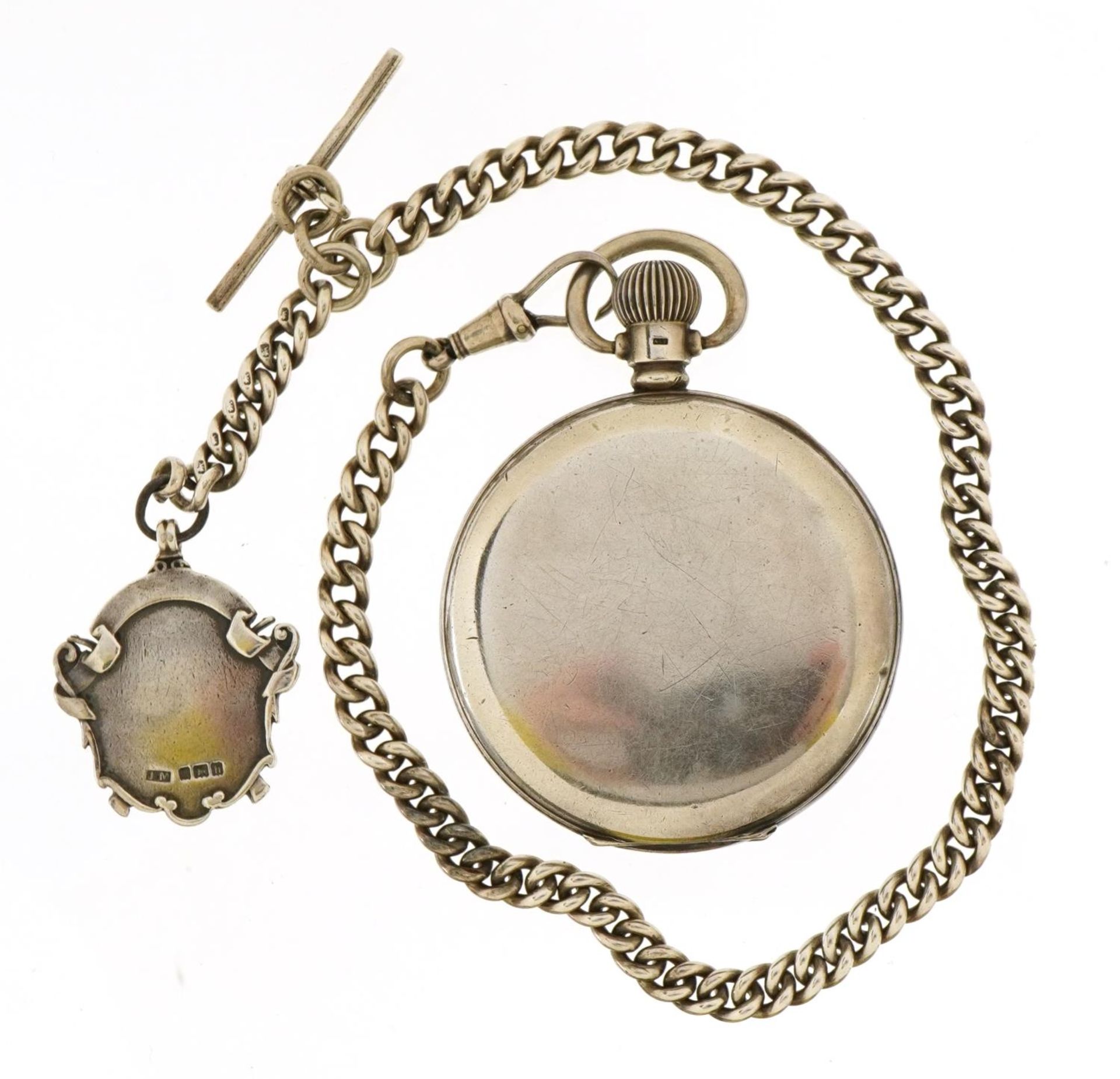 Waltham, gentlemen's silver open face pocket watch and silver watch chain with T bar and jewel, - Image 3 of 5