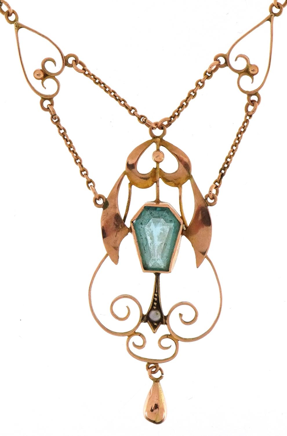 Edwardian 9ct rose gold seed pearl and blue stone necklace, 48cm in length, 3.7g