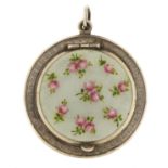 Circular continental 835 grade silver and guilloche enamel compact pendant with gilt interior, 4.2cm