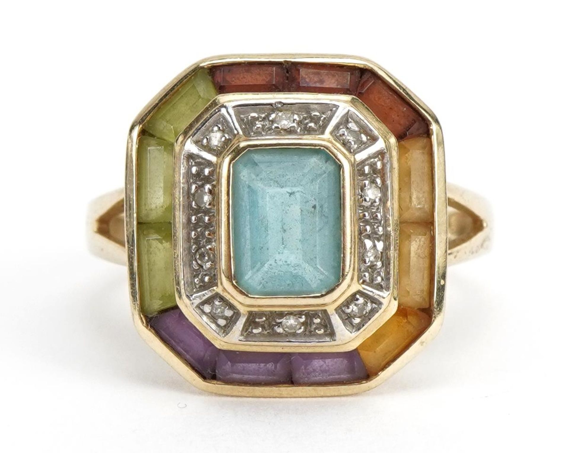 Art Deco style 10k gold multi gem and diamond ring with split shoulders, size N, 4.1g