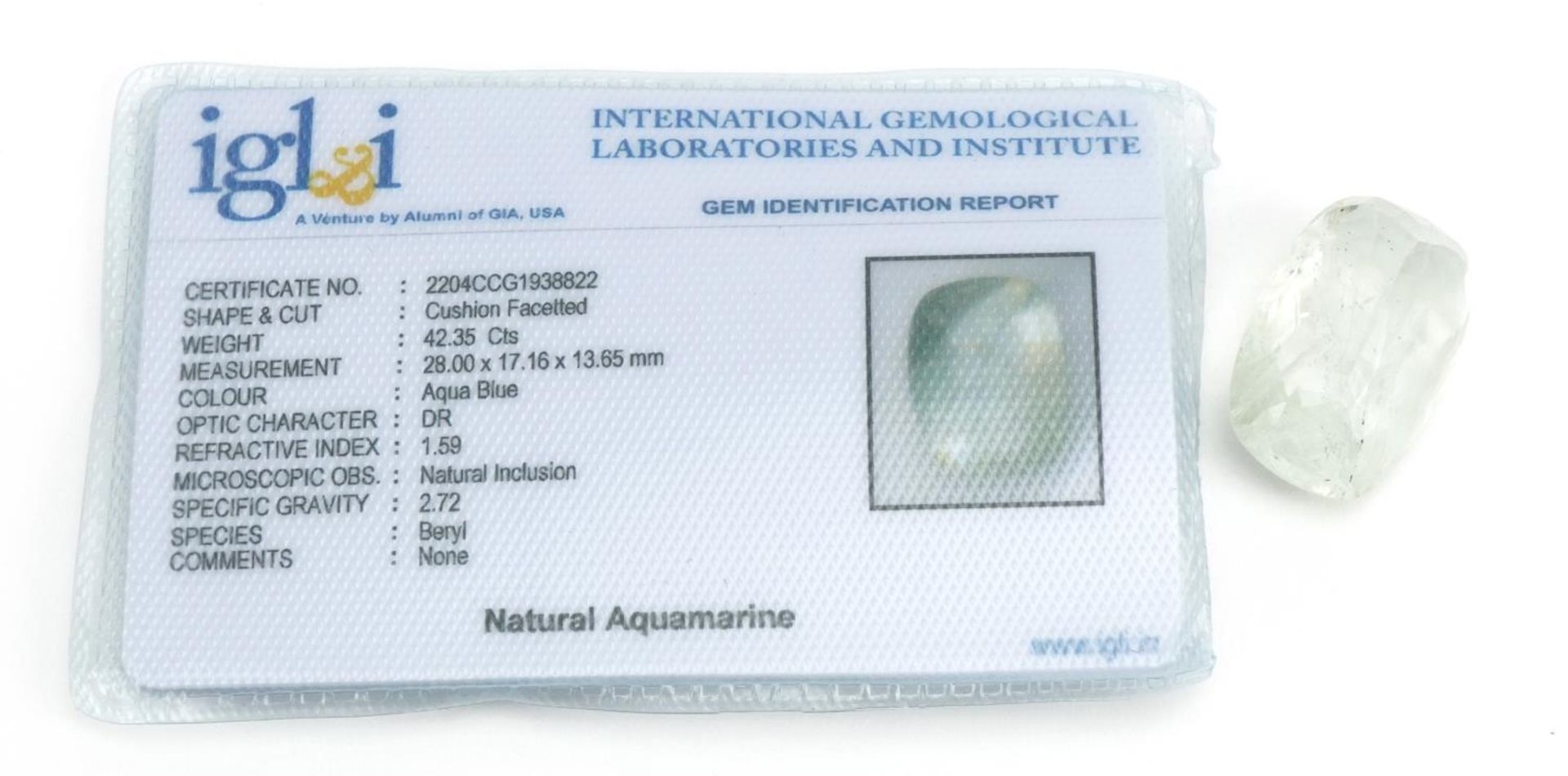 Large cushion shaped aquamarine gemstone with certificate, 42.35 carat - Image 3 of 3