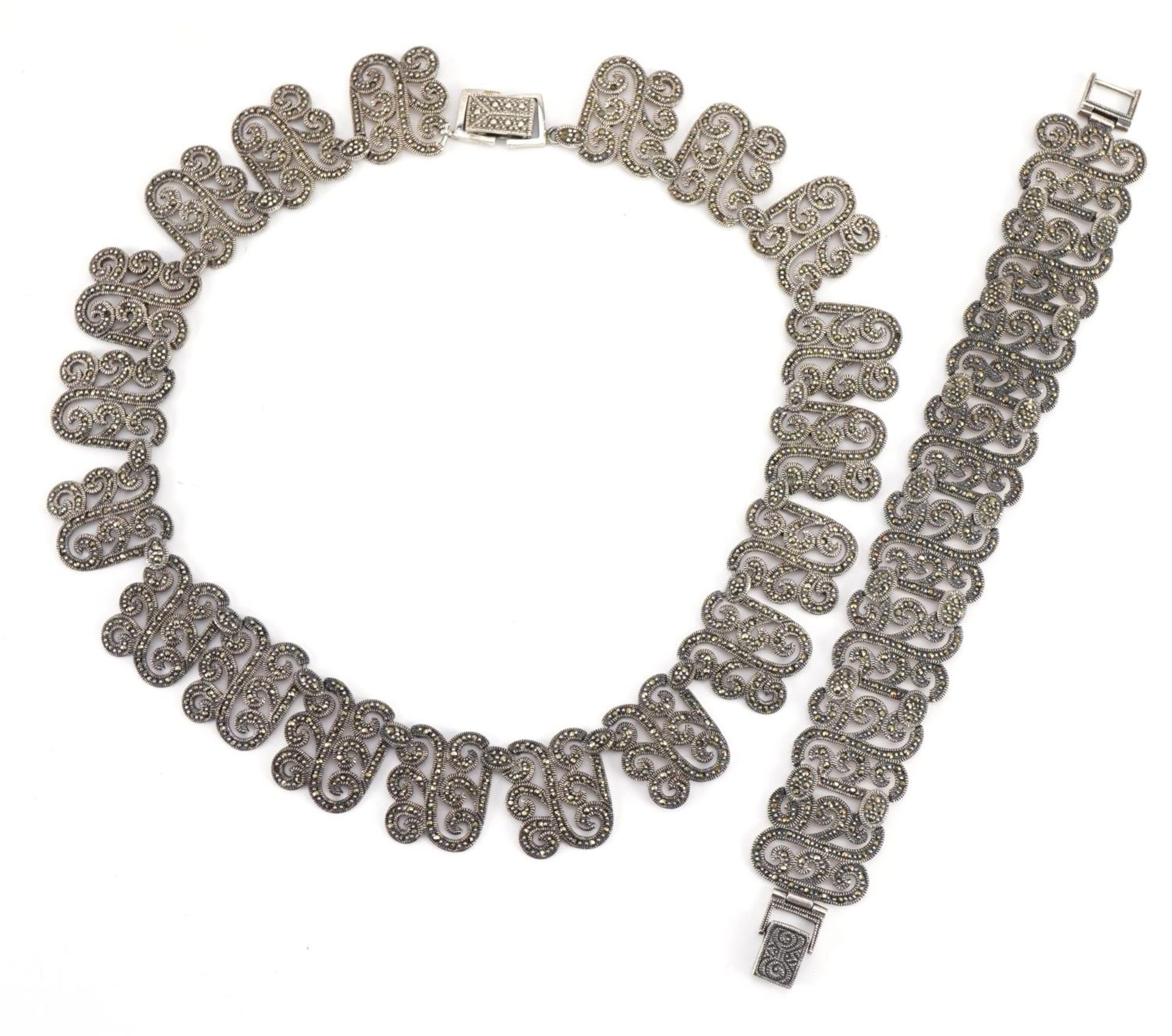 Silver marcasite choker necklace and matching bracelet, the necklace 40cm in length, total 107.7g - Image 2 of 4