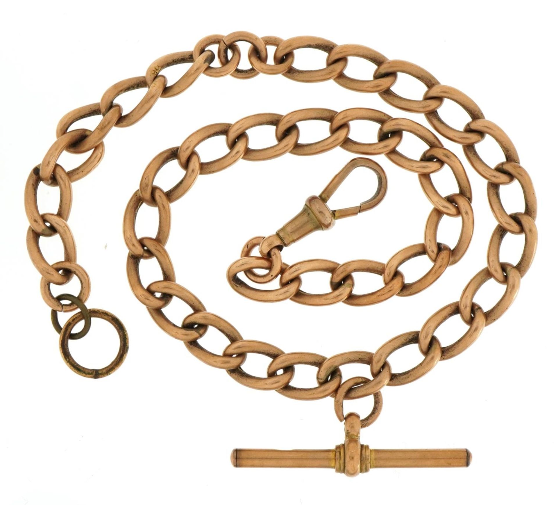 9ct rose gold watch chain with T bar and swivel clasp, 37cm in length, 23.3g - Image 2 of 3