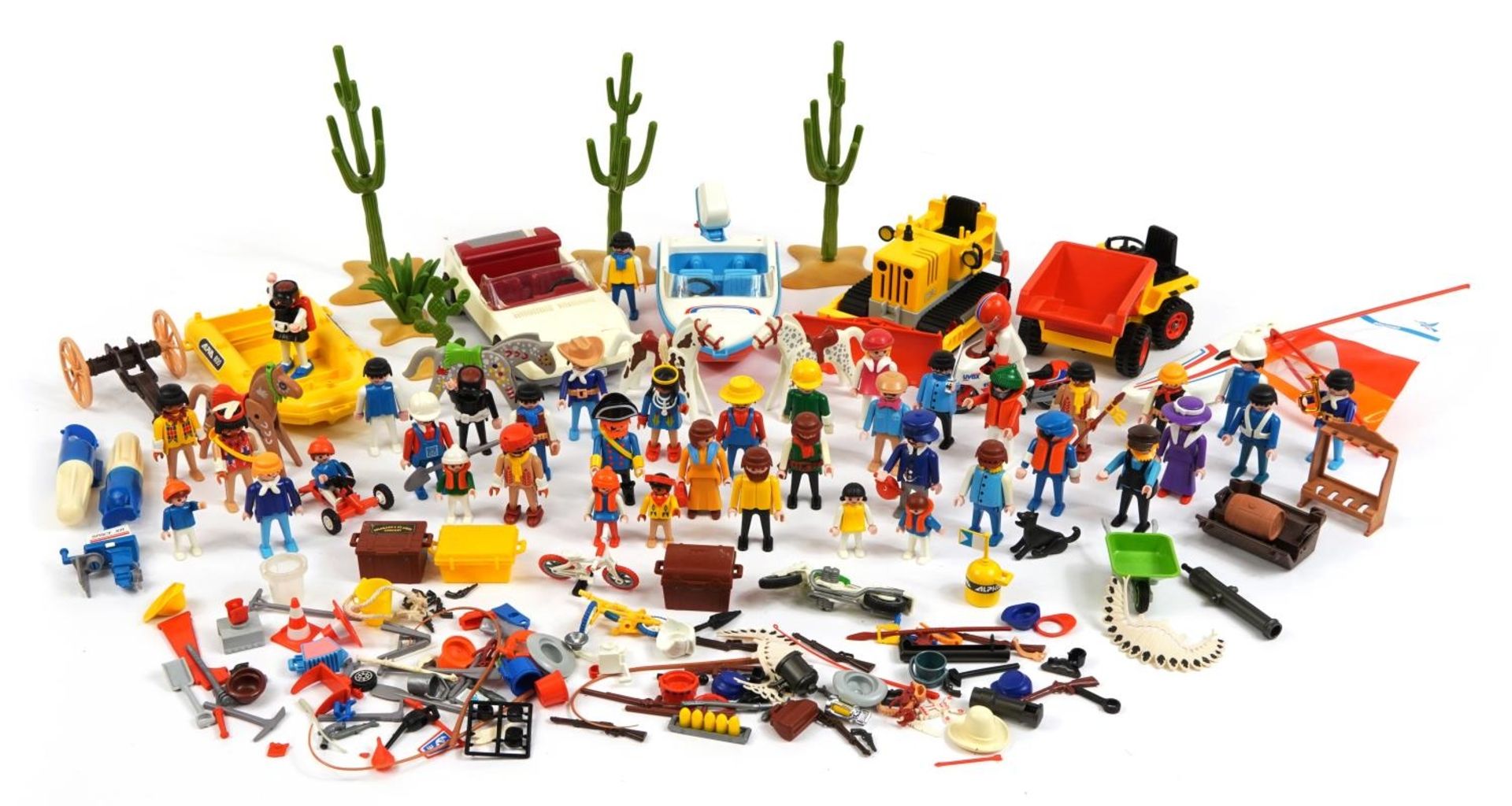 Collection of vintage Playmobil System figures, vehicles, instructions and accessories