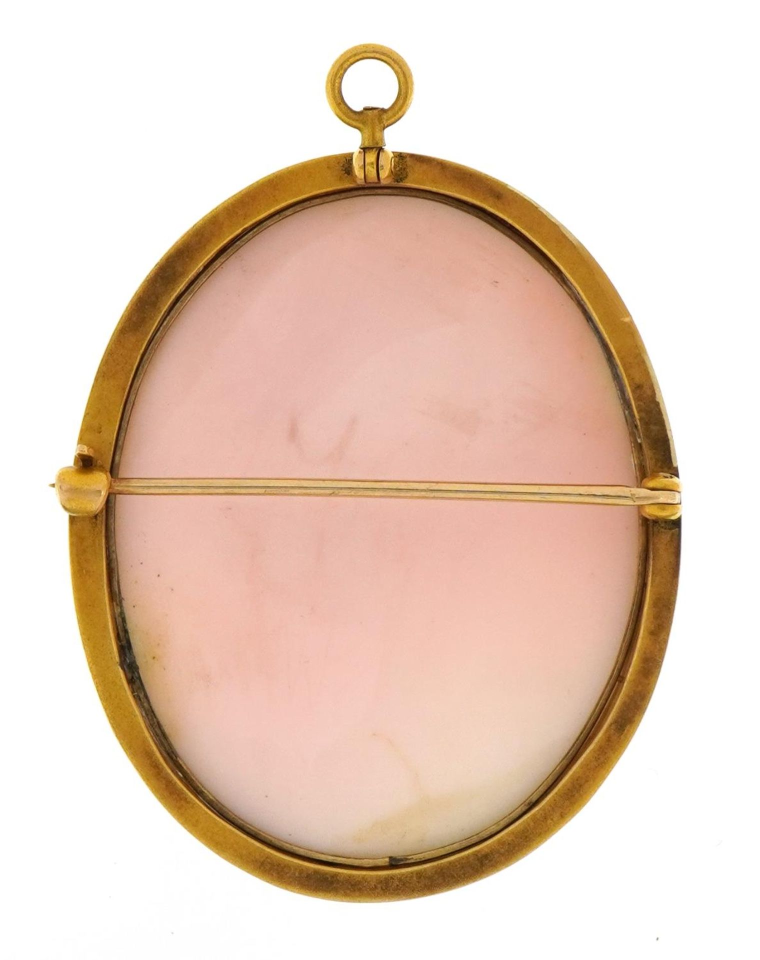 Unmarked gold cameo maiden head pendant brooch, tests as 9ct gold, 4.2cm high, 15.9g - Image 2 of 2